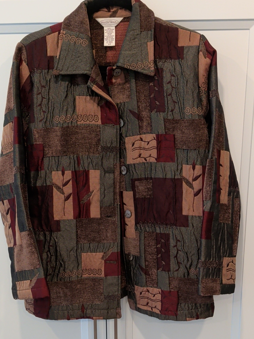 Northern Reflections Multitone Patchwork Blazer in Olive, Burgundy & Tan